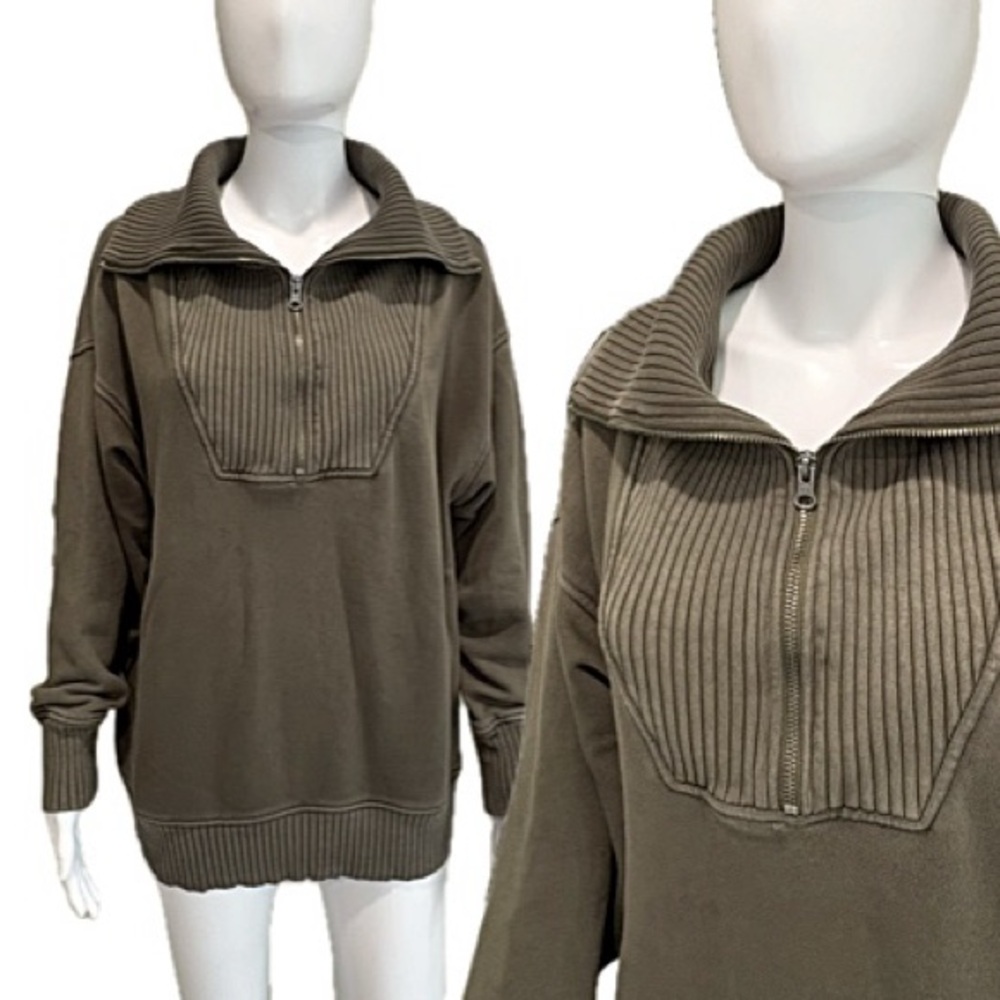 aerie Olive Green Quarter-Zip Pullover Sweatshirt